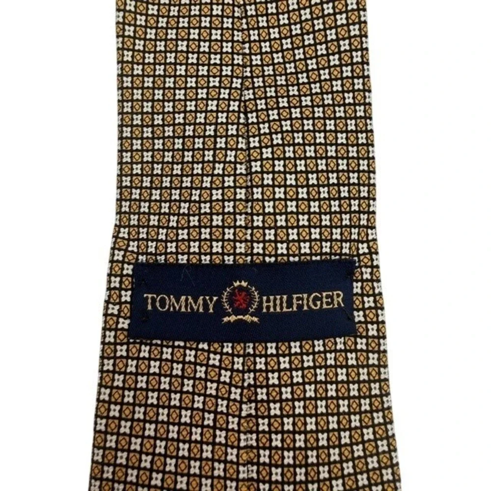 Tommy Hilfiger Vintage Silk Tie Gold Black White Geometric Micro Pattern Classic